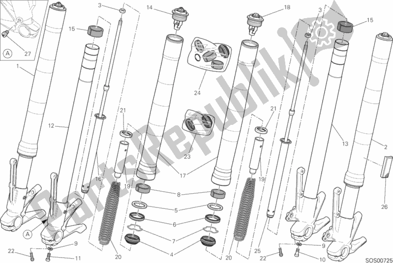 All parts for the Front Fork of the Ducati Monster 821 Stealth USA 2019